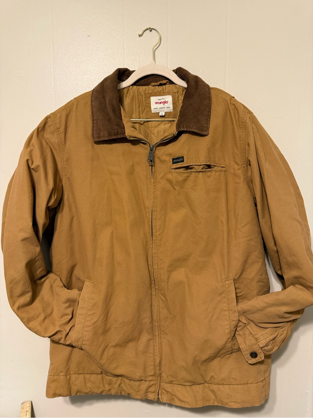Wrangler Men's Tan Canvas Jacket with Dark Brown Corduroy Collar